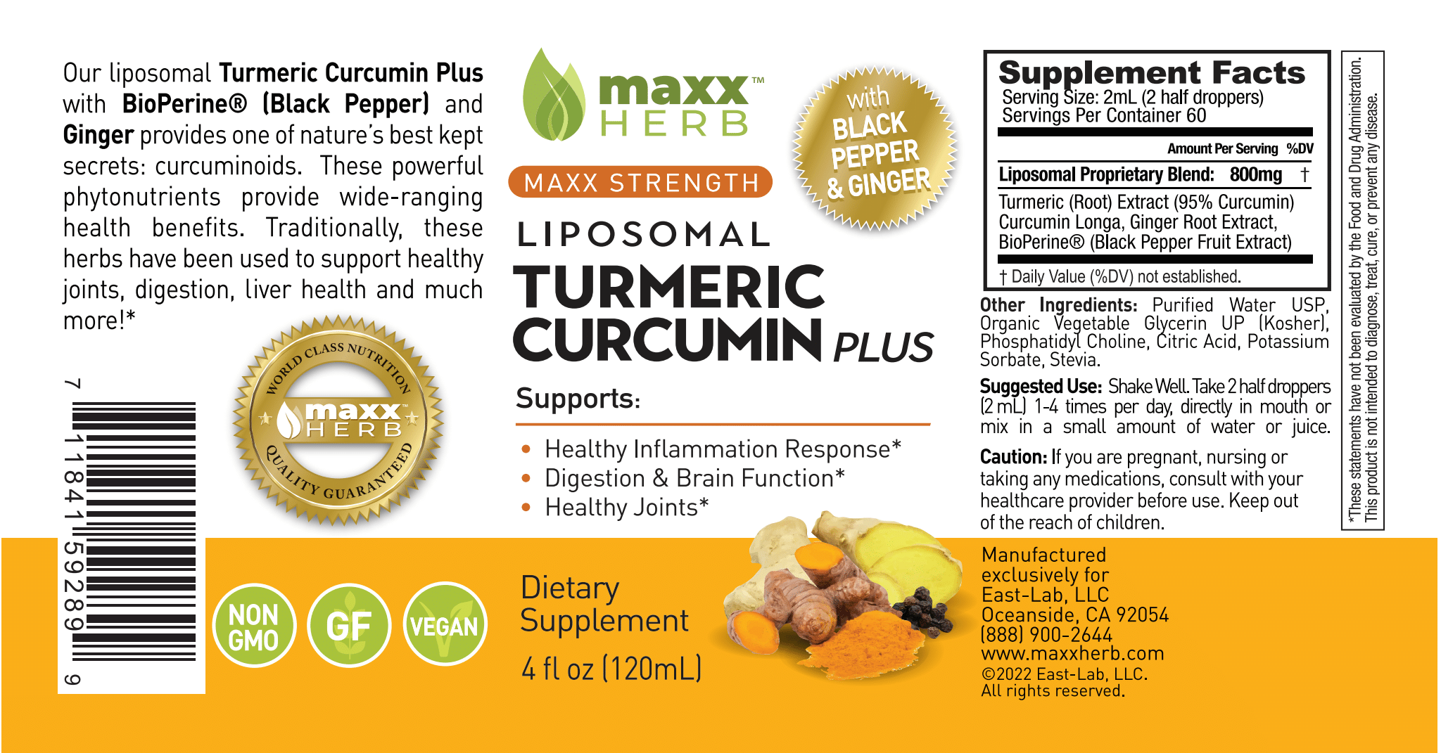 Turmeric Curcumin Extract - Liposomal, Black Pepper & Ginger