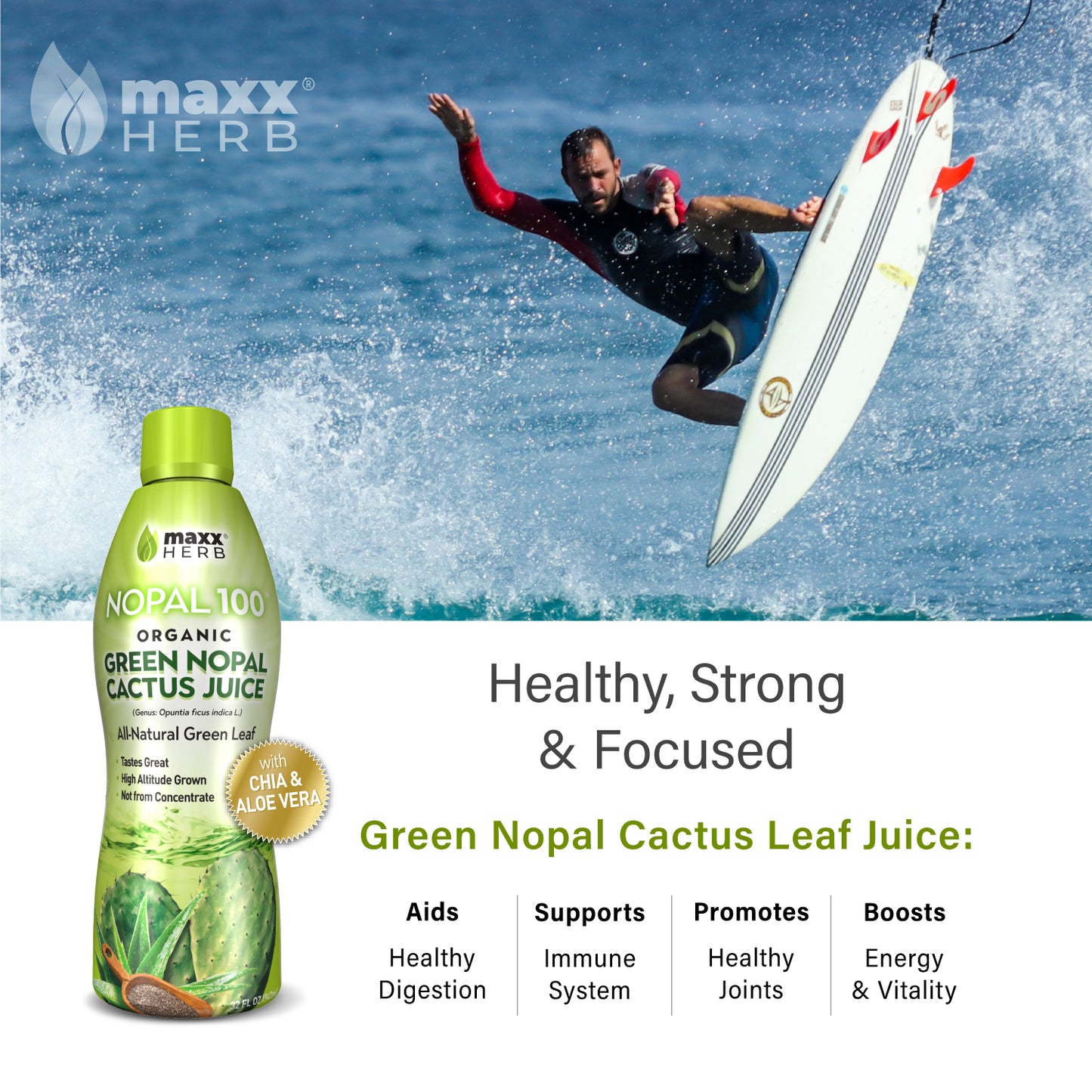 Green Nopal Cactus Leaf Juice with Chia & Aloe Vera (Organic) - 32oz