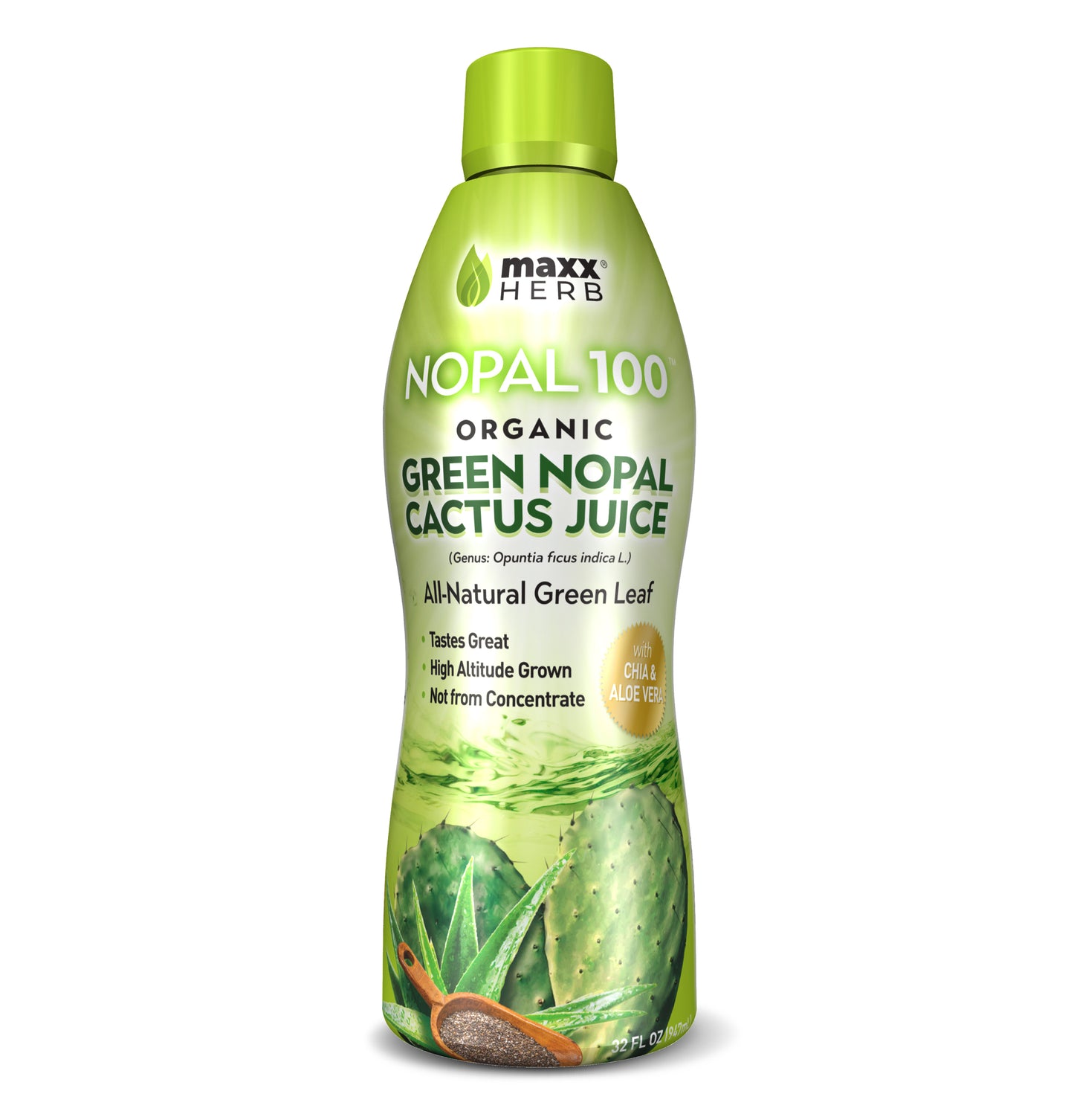 Green Nopal Cactus Leaf Juice with Chia & Aloe Vera (Organic) - 32oz